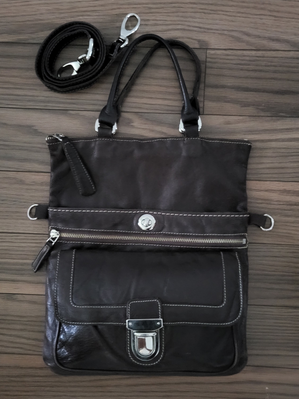 Roots Dark Brown Leather Convertible Tote Crossbody